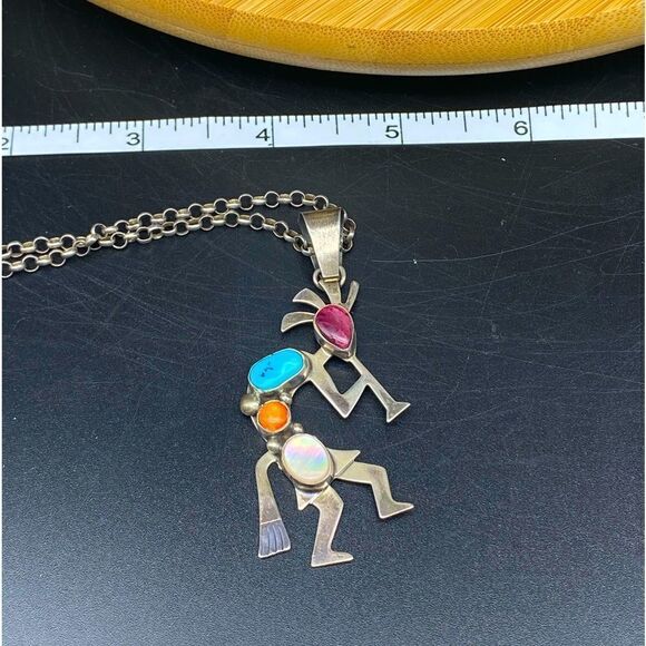 Ladies vintage SW Kokopelli turquoise, opal, and agate stones pendent w/chain - Picture 11 of 14